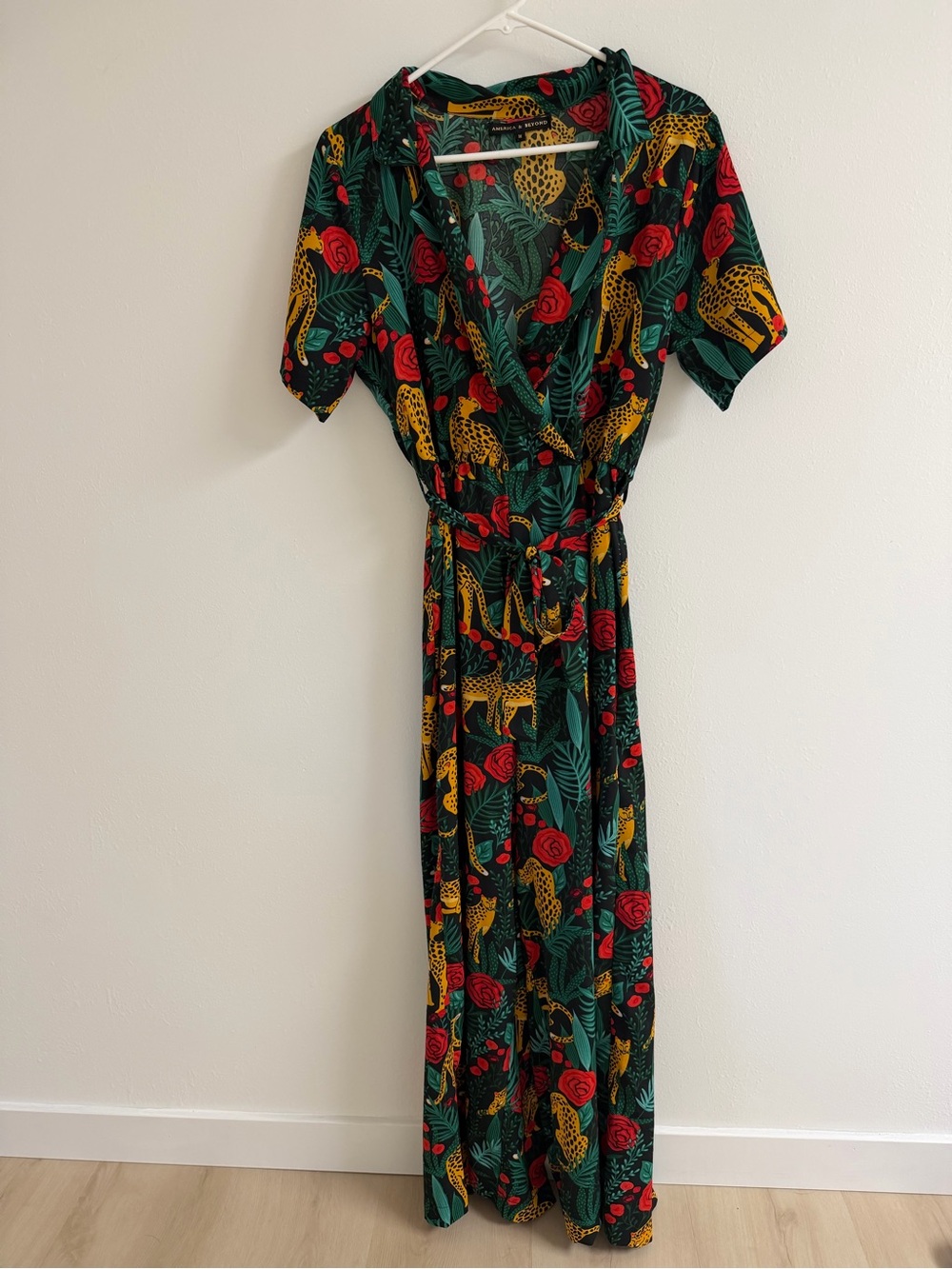 America & Beyond Green Floral & Leopard Print Wrap Jumpsuit